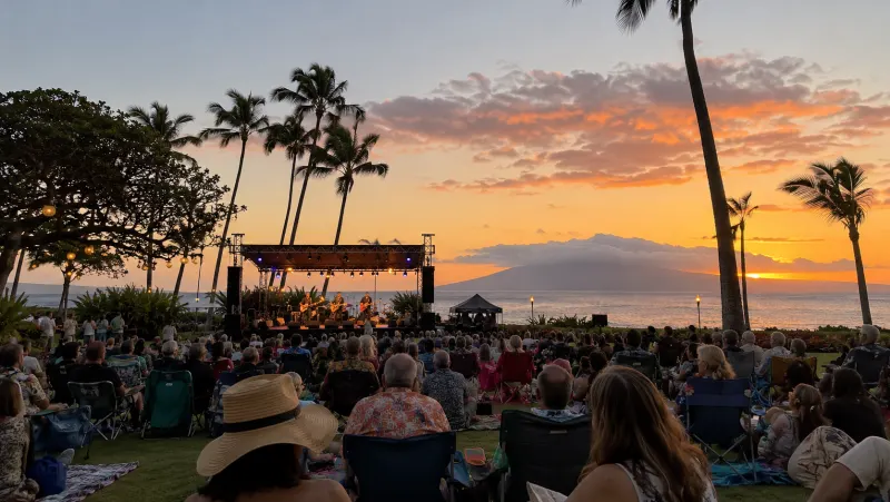 Outdoor concert crowd at sunset by the ocean