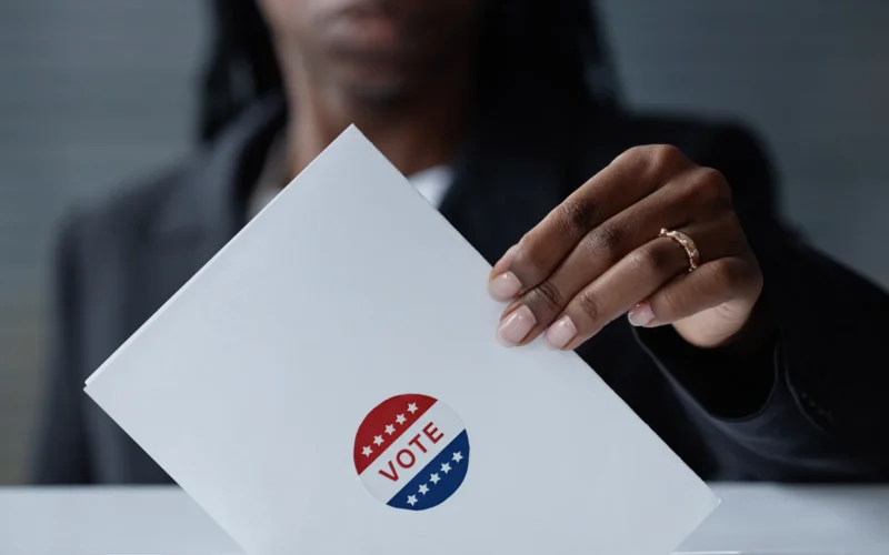 A voter holding a ballot envelope with a vote sticker over a ballot box