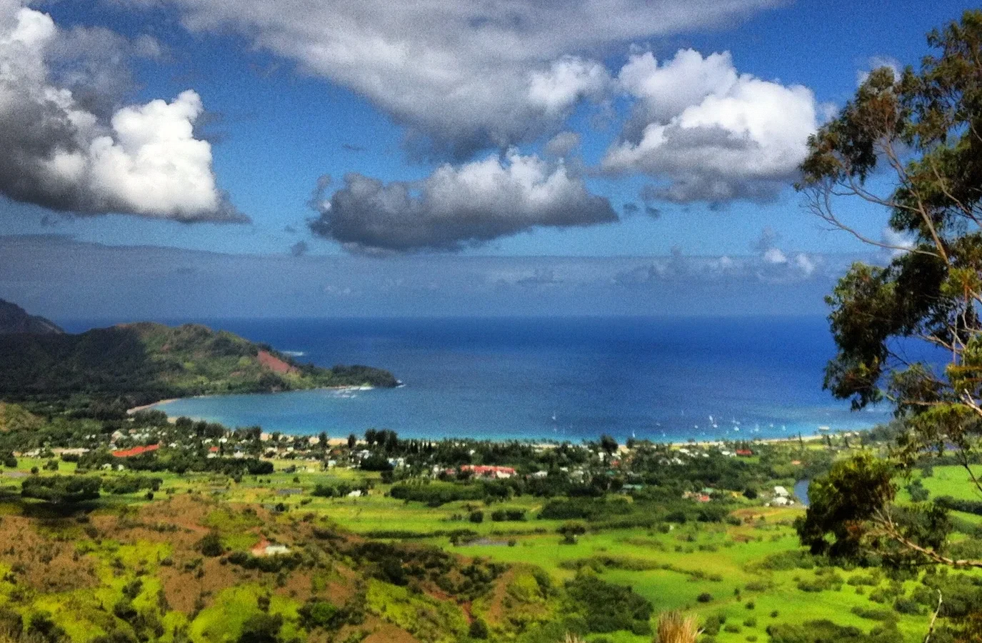Hanalei town and Hanalei Bay seen from above on Kauaʻi
