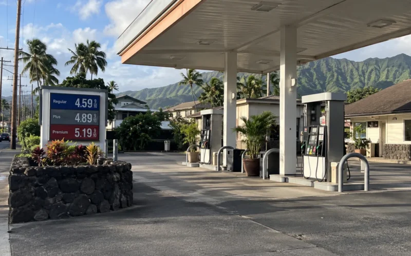 Gas pumps and a price sign at a Hawaiʻi gas station