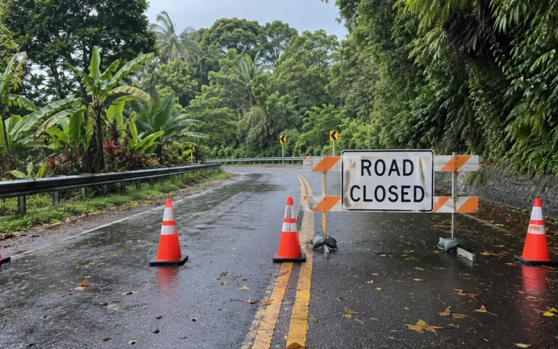 Road Closed sign and orange cones on a wet tropical road