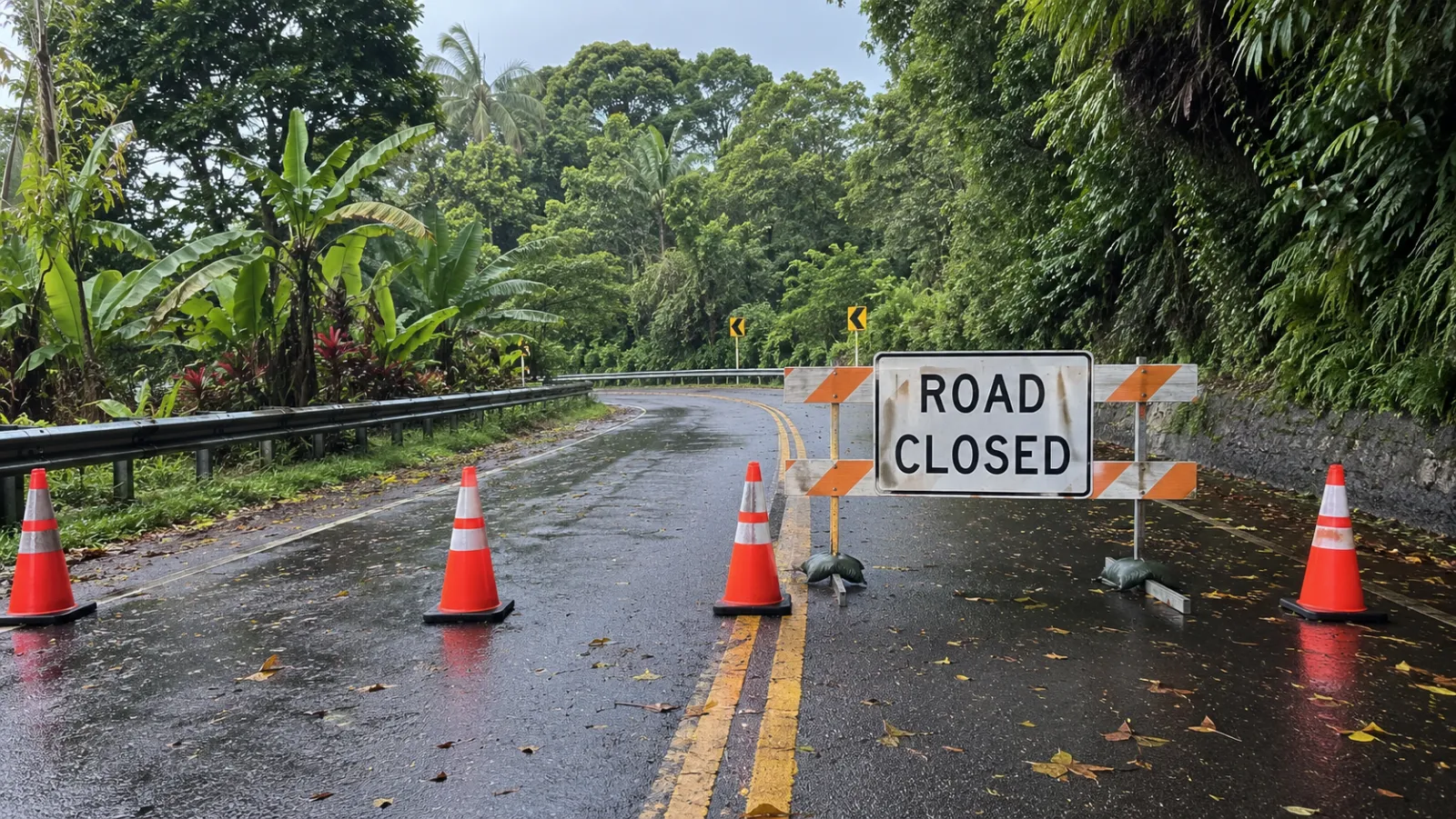 Road Closed sign and orange cones on a wet tropical road