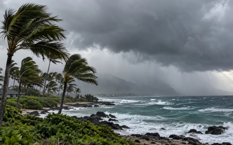 Palm trees bending in strong wind as a storm moves over the coast
