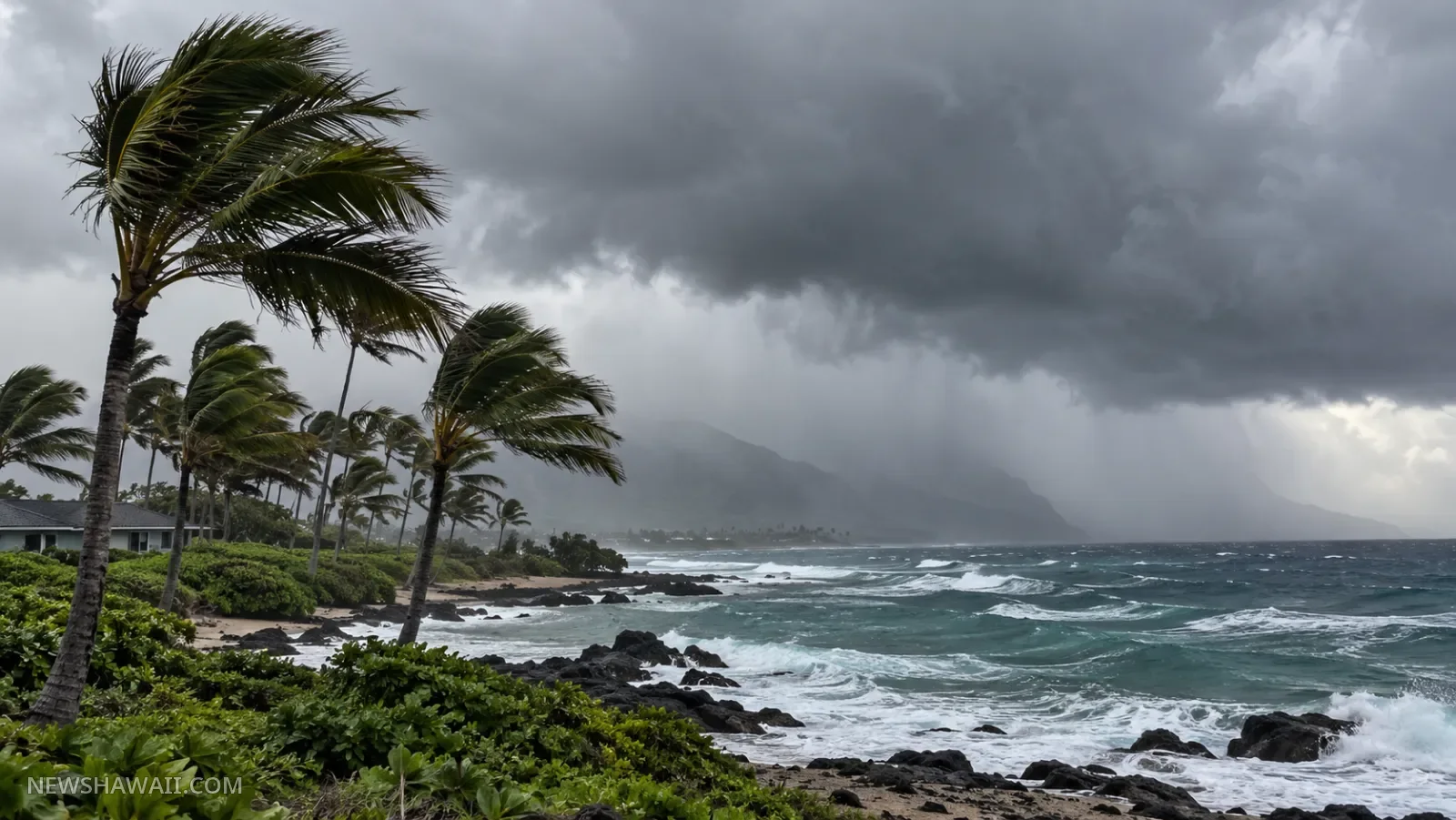 Palm trees bending in strong wind as a storm moves over the coast