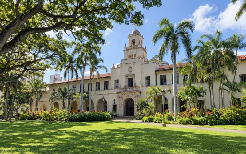 Honolulu Hale, the city hall, with palms and lawn