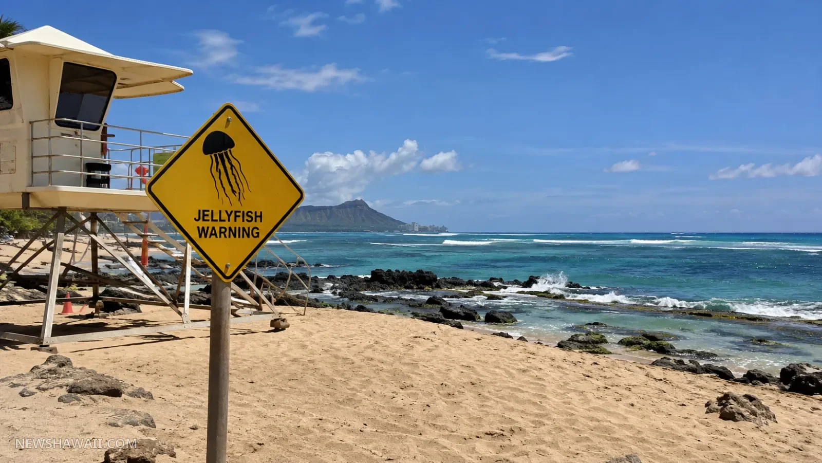 Jellyfish warning sign by a lifeguard tower on an Oʻahu beach