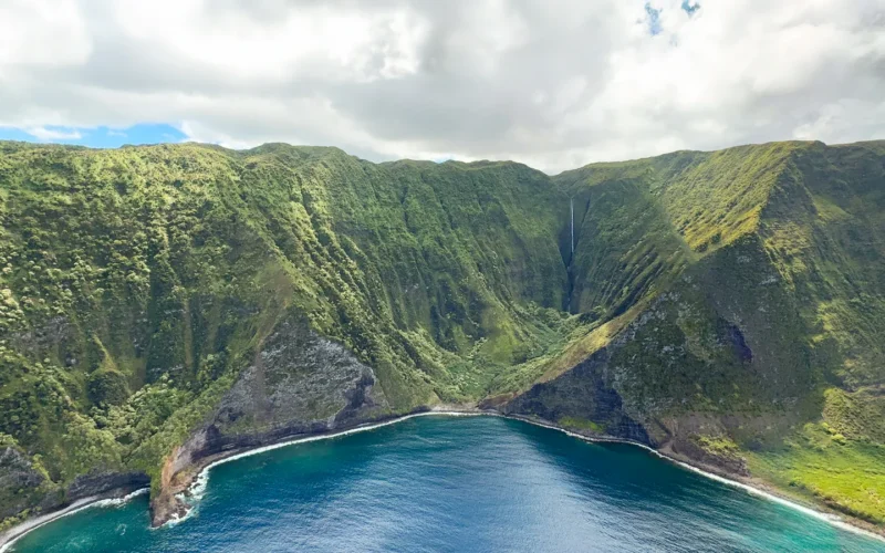 Aerial view of Molokaʻi’s north shore sea cliffs and valleys
