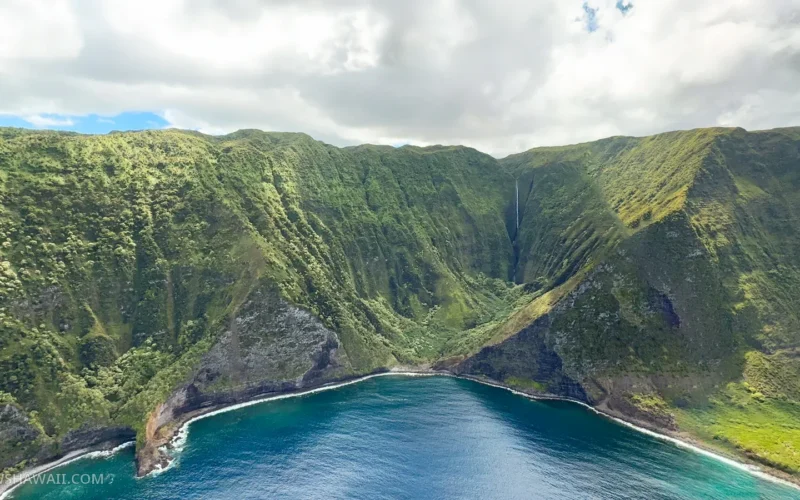 Aerial view of Molokaʻi’s north shore sea cliffs and valleys