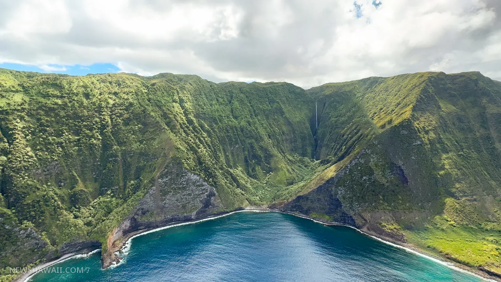 Aerial view of Molokaʻi’s north shore sea cliffs and valleys