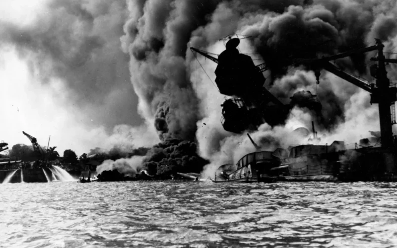 USS West Virginia and USS Tennessee burning at Pearl Harbor on Dec. 7, 1941