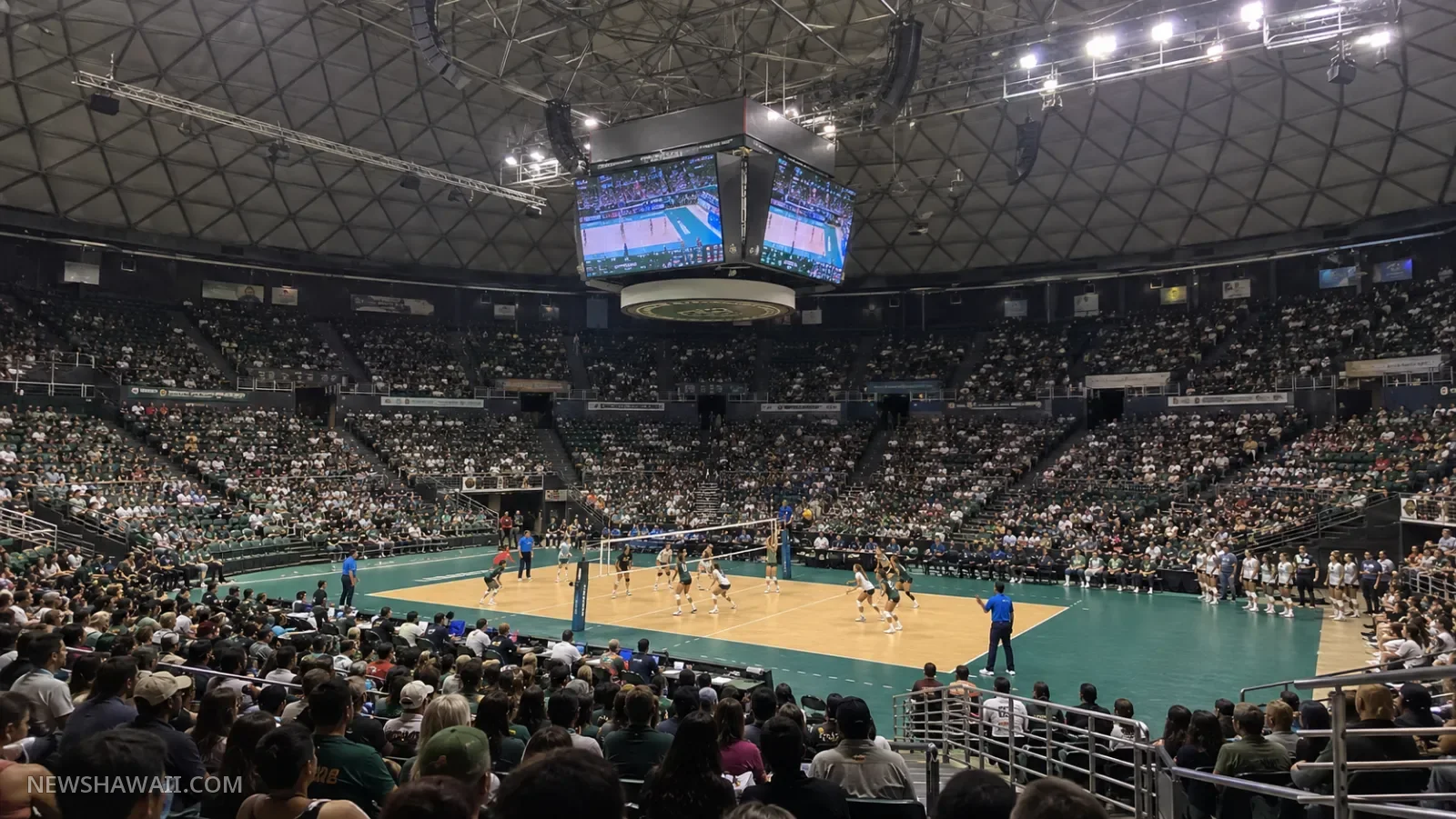Volleyball match in a packed indoor arena